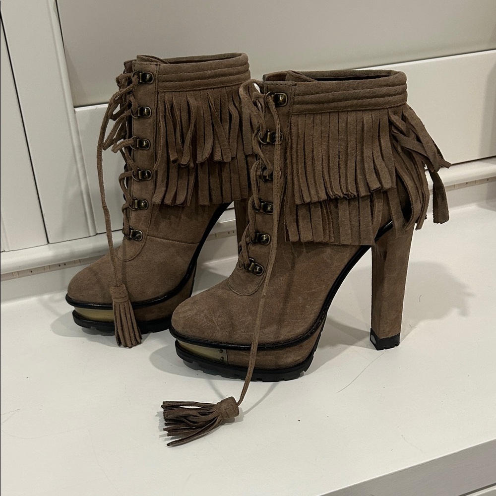 Brian Atwood Brown Fringed Heeled Boots w/ brass heel & toe plates
